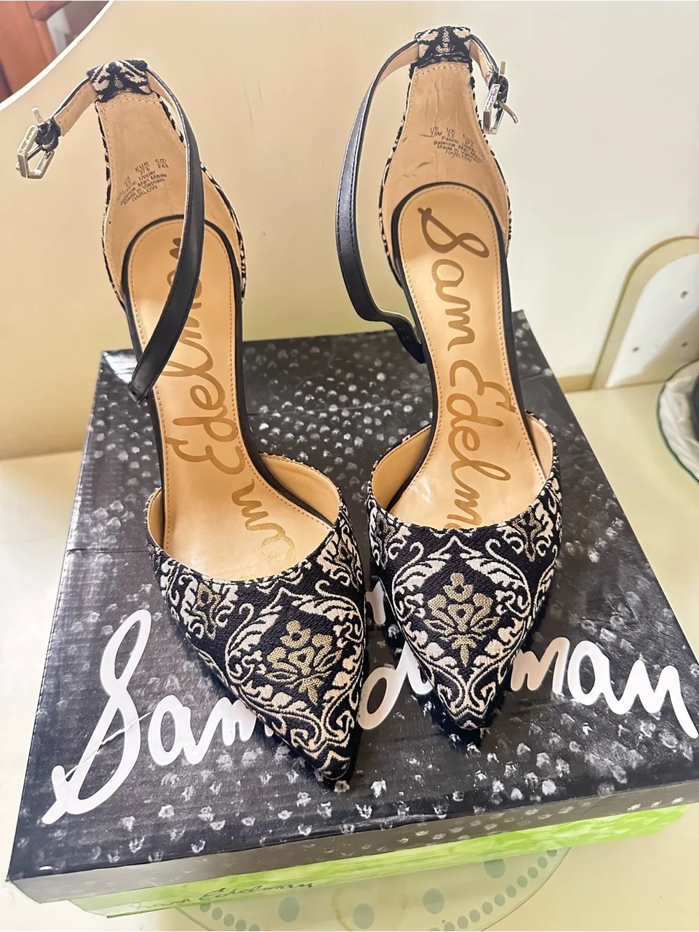 Sam Edelman Black and Cream Embroidered Pointed-Toe Ankle-Strap 3 inchesHeels